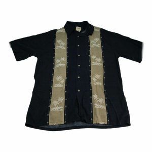 Saddlebred Mens Size Large Button Up Shirt Tropical Palm Trees Rayon Black Tan